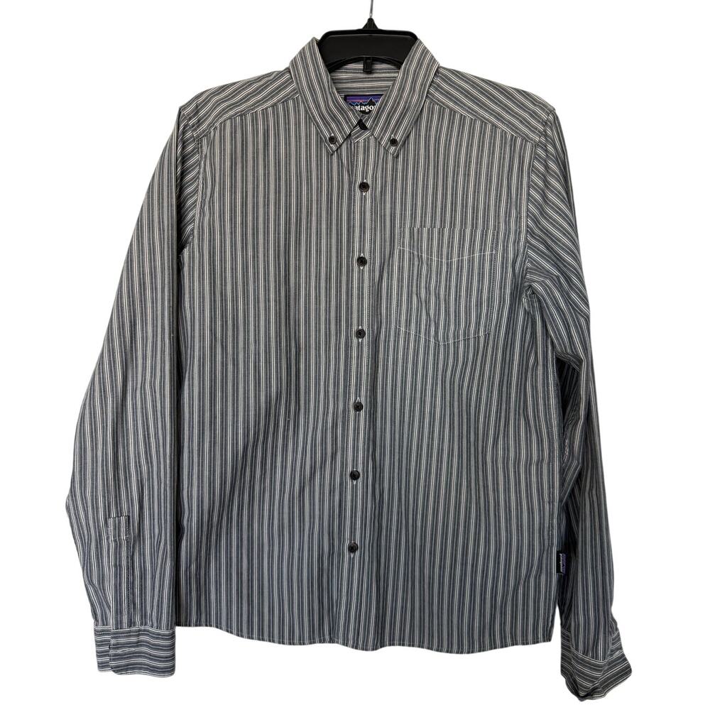 Patagonia Men S Grey White Striped Button Down Organic Cotton Blend Shirt